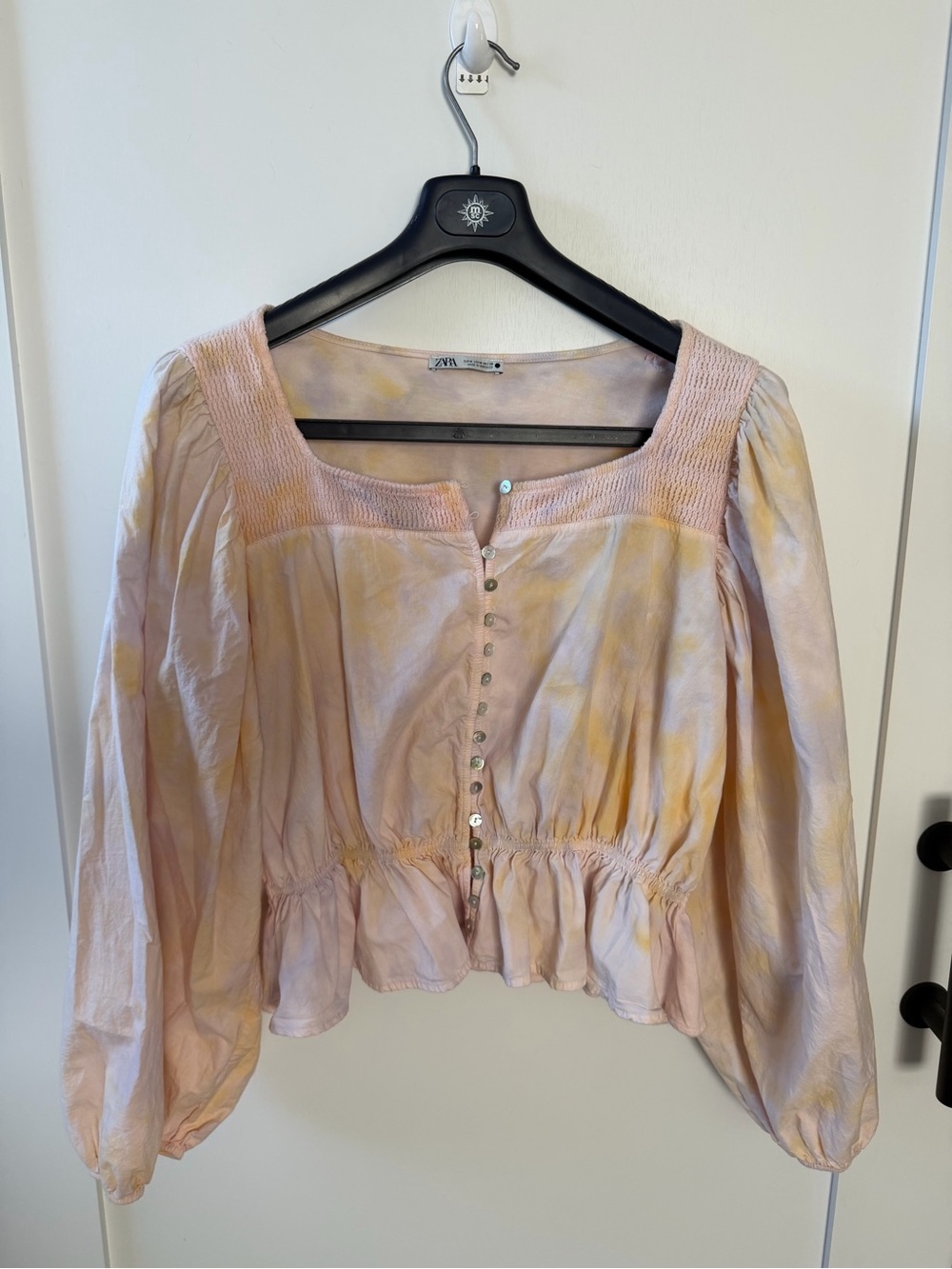 Zara Pink and Yellow Tie-Dye Smocked Square-Neck Blouse
